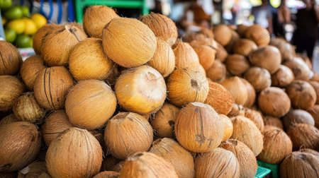 A large pile of fresh coconuts at a bustling local market, showcasing their rough textures and earthy colorsの素材