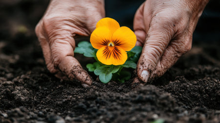 A gardener's hands, covered in soil, gently placing a vibrant flower into the earth with care.の素材