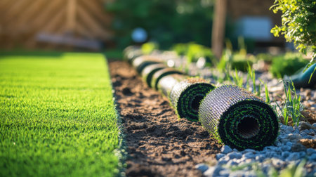 A neat row of artificial turf rolls lined up beside a partially completed lawn in a garden renovation scene.の素材