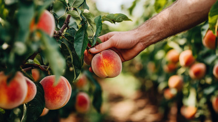 A lush orchard with ripe peaches hanging from trees, as a hand gently selects the best fruit.の素材