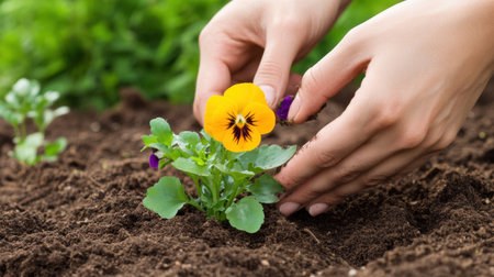 A gardener's hands, covered in soil, gently placing a vibrant flower into the earth with care.の素材