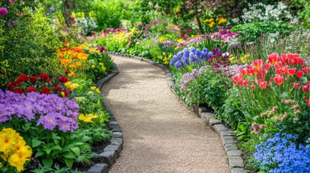 A magical garden trail with brightly colored flowers and leafy green plants along a winding walkway.の素材