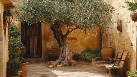 A lush olive tree in a traditional Mediterranean courtyard, surrounded by rustic stone walls and warm tones.の素材