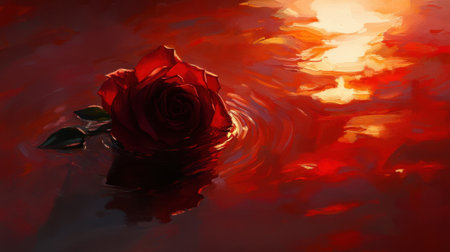 A mysterious dark rose floating in a pool of fiery red liquid, illuminated by soft, moody light.の素材