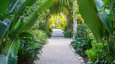 A modern garden entrance framed by tropical plants and stone pathways, creating a natural retreat.の素材