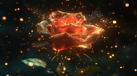 A stunning close-up of a glowing red rose, surrounded by enchanting sparkles against a dark background, perfect for romantic or artistic themes.の素材