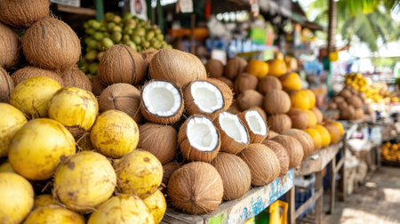 A vibrant market stall showcasing fresh coconuts and tropical fruits under sunlight, highlighting the essence of outdoor shopping and local produce.の素材