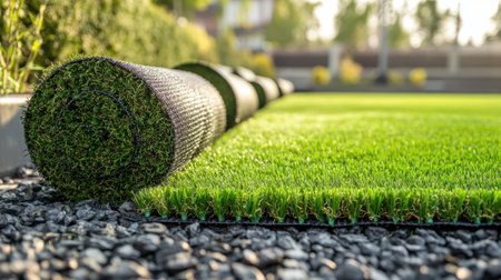 A landscaping project in progress, with artificial grass rolls neatly arranged beside a partially finished lawn.の素材