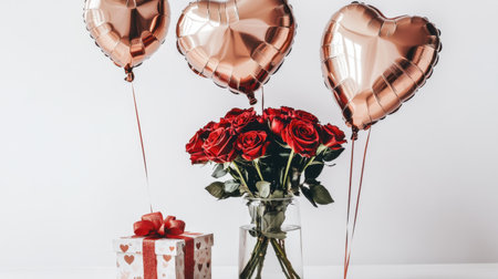 A cozy love-themed scene with a vase of roses, a gift box, and floating heart balloons against a white backdrop.の素材