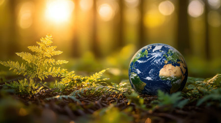 A stunning depiction of a globe resting on the forest floor, surrounded by vibrant ferns and illuminated by soft sunlight, showcasing nature's beauty.の素材