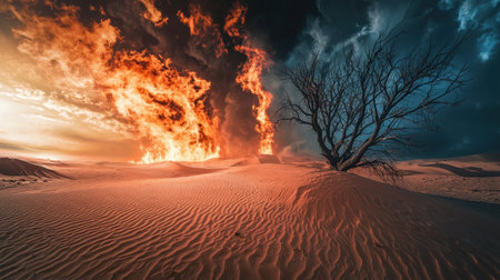 A dramatic desert scene showcasing intense flames and billowing smoke rising against a stunning sky. A lone, barren tree stands amidst the sandy dunes, highlighting the stark contrast between fire and earth.の素材