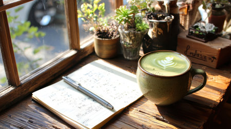 A serene scene featuring a coffee cup on a rustic wooden table, paired with an open notebook and lush potted plants, illuminated by soft sunlight.の素材