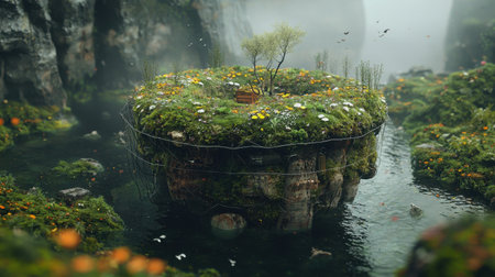 A captivating floating island showcases lush greenery and vibrant flowers surrounded by serene water and mist, creating a dreamlike atmosphere.の素材