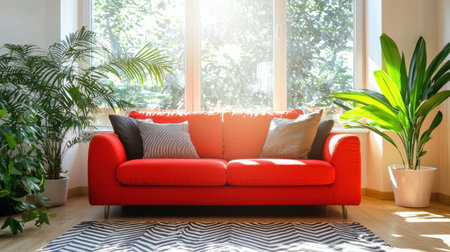 A stylish living room featuring a vibrant red sofa, comfortable cushions, and lush green plants, illuminated by warm natural light through large windows.の素材
