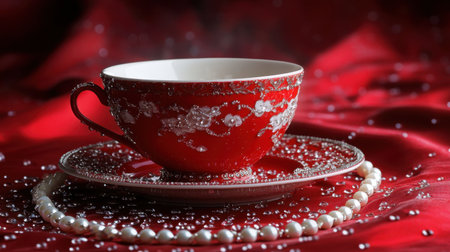 This stunning image captures a red tea cup adorned with silver floral designs, elegantly placed on a matching saucer. The rich silk background enhances the beauty of the pearls and droplets scattered around, creating a luxurious and inviting atmosphere. Perfect for conveying warmth and elegance in various contexts.の素材