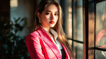 A confident young woman poses in a stylish pink blazer, illuminated by natural light near a window, showcasing her beauty and grace in a modern setting.の素材
