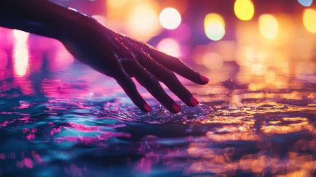 A captivating close-up image featuring a hand touching water, surrounded by vibrant bokeh lights. The colors create a magical atmosphere that invites tranquility.の素材
