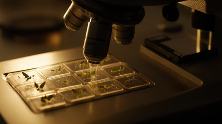 This image captures a close-up view of a microscope and a petri dish containing tiny plants. The scene illustrates detailed scientific research, focusing on growth and cellular structure under controlled laboratory conditions.の素材