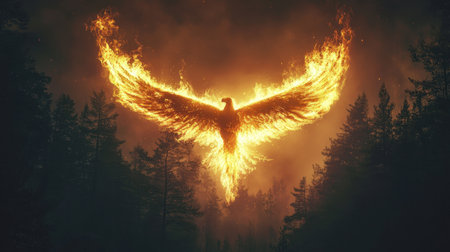 A stunning visual of a fiery bird soaring through a shadowy forest, symbolizing rebirth and transformation. The warm glow of its wings contrasts beautifully with the cool dark trees, evoking a sense of magic and wonder in the natural world.の素材