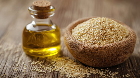 This image showcases a rustic setting with a bottle of high-quality sesame oil next to a bowl of raw sesame seeds, symbolizing culinary richness.の素材