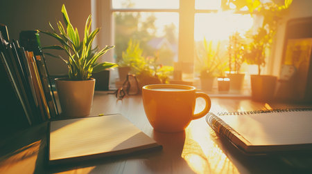 A bright and cozy workspace featuring sunlight streaming through a window, a warm coffee cup, and lush indoor plants, creating an inviting atmosphere for productivity.の素材