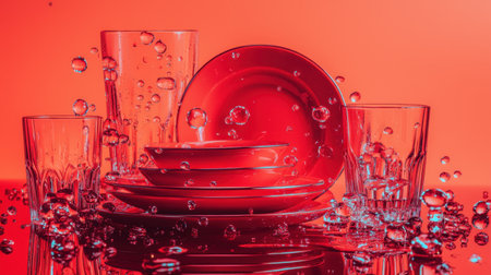 This image showcases an artistic arrangement of vibrant red dinnerware surrounded by bubbles and water splashes, creating a lively and modern table setting.の素材