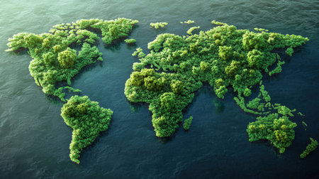 A striking aerial representation of a world map created entirely from vibrant forests and lush vegetation, set against a serene water backdrop.の素材