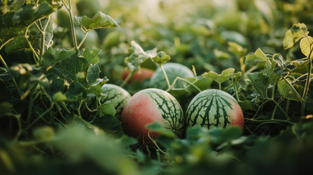 A serene view of fresh watermelons nestled amidst lush green vines, capturing the essence of agriculture and seasonal harvest under soft sunlight.の素材