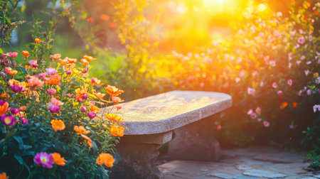 A picturesque garden scene showcasing a stone bench surrounded by colorful flowers, illuminated by warm sunlight. This serene atmosphere invites relaxation and enjoyment in nature.の素材