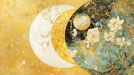 This stunning celestial artwork combines gold and white tones with floral elements, creating a harmonious and dreamlike composition that captivates the viewer.の素材