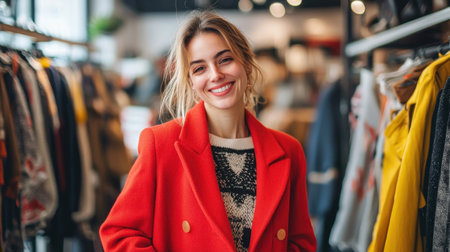 A cheerful young woman wearing a bright red coat smiles warmly in a clothing store filled with stylish clothing. The inviting atmosphere showcases trendy apparel.の素材