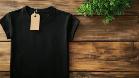 A black short sleeve t-shirt laid flat with a tag attached, surrounded by a green plant on a rustic wooden background, ideal for fashion displays.の素材