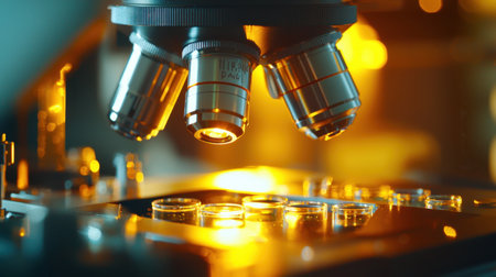 A close-up view of a laboratory microscope showcasing the intricate lens and warm light illuminating glass samples. Ideal for science and research themes.の素材