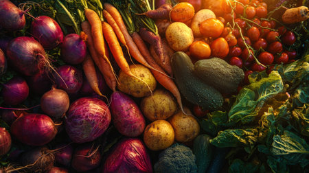 A vibrant array of fresh organic vegetables, showcasing rich colors and textures perfect for culinary inspiration, nutrition, and healthy cooking.の素材