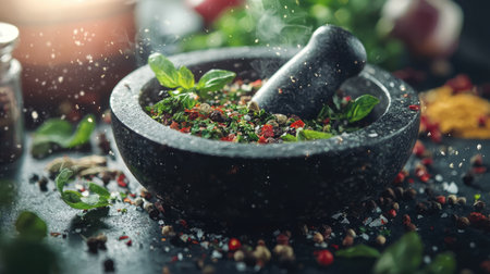 A captivating image showcasing a stone mortar and pestle filled with fresh herbs and colorful spices, creating an inviting ambiance in a rustic kitchen setting.の素材