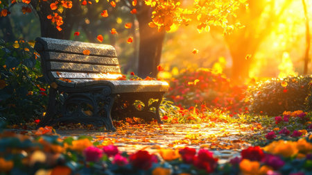 A peaceful park scene featuring a wooden bench adorned with colorful autumn leaves, surrounded by radiant sunlight filtering through trees. The vibrant colors reflect tranquility and beauty, inviting moments of relaxation and introspection.の素材