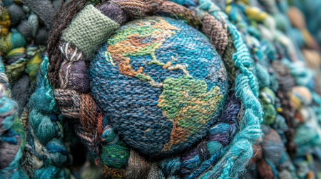 This captivating textile art piece presents a beautifully embroidered globe featuring North and South America, crafted with vibrant colors and intricate textures, symbolizing creativity and cultural heritage.の素材