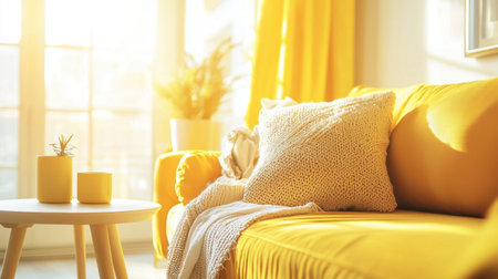 A bright and inviting living room featuring a yellow sofa adorned with decorative pillows, a cozy knitted throw, and elements of natural decor, creating a warm atmosphere.の素材