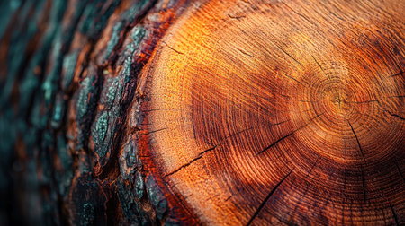 This close-up image showcases the intricate details of tree rings and bark, highlighting the unique growth patterns and textures found in wood.の素材