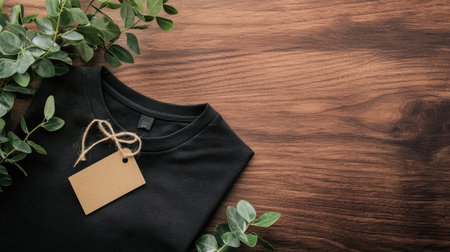 A stylish black t-shirt rests on a rustic wooden table surrounded by green leaves, featuring a clothing tag. This flat lay image captures minimalistic elegance, perfect for fashion presentations or retail displays.の素材