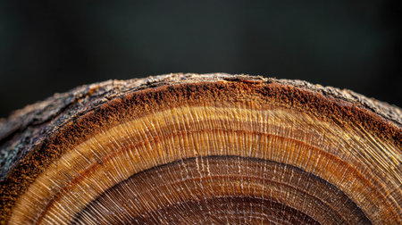 This image captures a close-up view of a tree log cross section, highlighting intricate growth rings and natural wood texture, showcasing nature's beauty.の素材