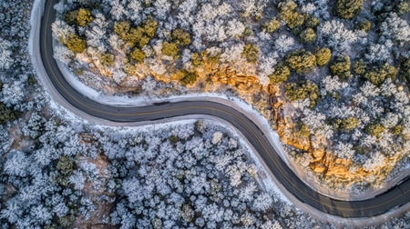 Breathtaking aerial view showcasing a winding road surrounded by snow-dusted trees and rocky formations, creating a serene winter landscape perfect for exploration.の素材
