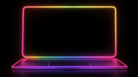 A vibrant neon laptop with a glowing outline set against a dark background. Ideal for themes of technology, innovation, and modern design. Perfect for creative projects.の素材