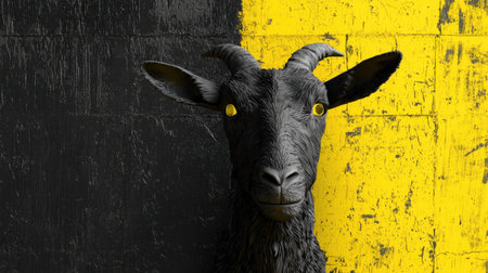 Captivating portrait of a goat with distinct features set against a striking black and yellow background, perfect for creative projects in various media and themes.の素材