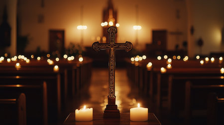 A tranquil church setting featuring a beautifully crafted cross surrounded by glowing candles, evoking a peaceful atmosphere perfect for meditation and prayer.の素材