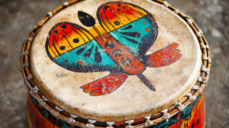 This vibrant drum features a beautifully hand-painted butterfly motif, showcasing cultural artistry and intricate design details, perfect for creative projects.の素材