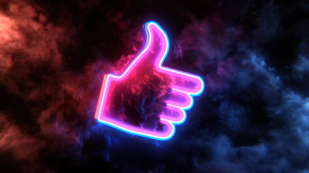 A vivid neon thumbs up icon creates a striking contrast against a dark smoky background, symbolizing approval and positivity in modern digital art forms.の素材