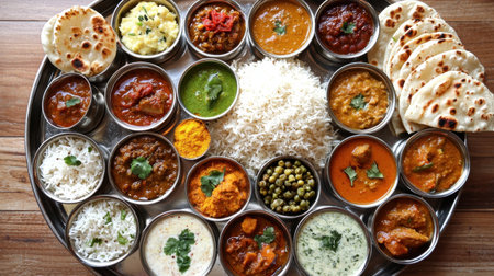 A vibrant and colorful Indian thali featuring an array of dishes including curries, rice, breads, and sauces, symbolizing the richness of Indian cuisine.の素材
