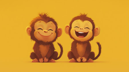 This charming illustration features two playful cartoon monkeys beaming with joy against a vibrant yellow backdrop, perfect for projects appealing to children or playful themes.の素材