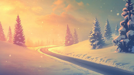 A peaceful winter landscape featuring snow-dusted trees lining a winding pathway, illuminated by a soft sunset glow, creating a tranquil outdoor scene.の素材
